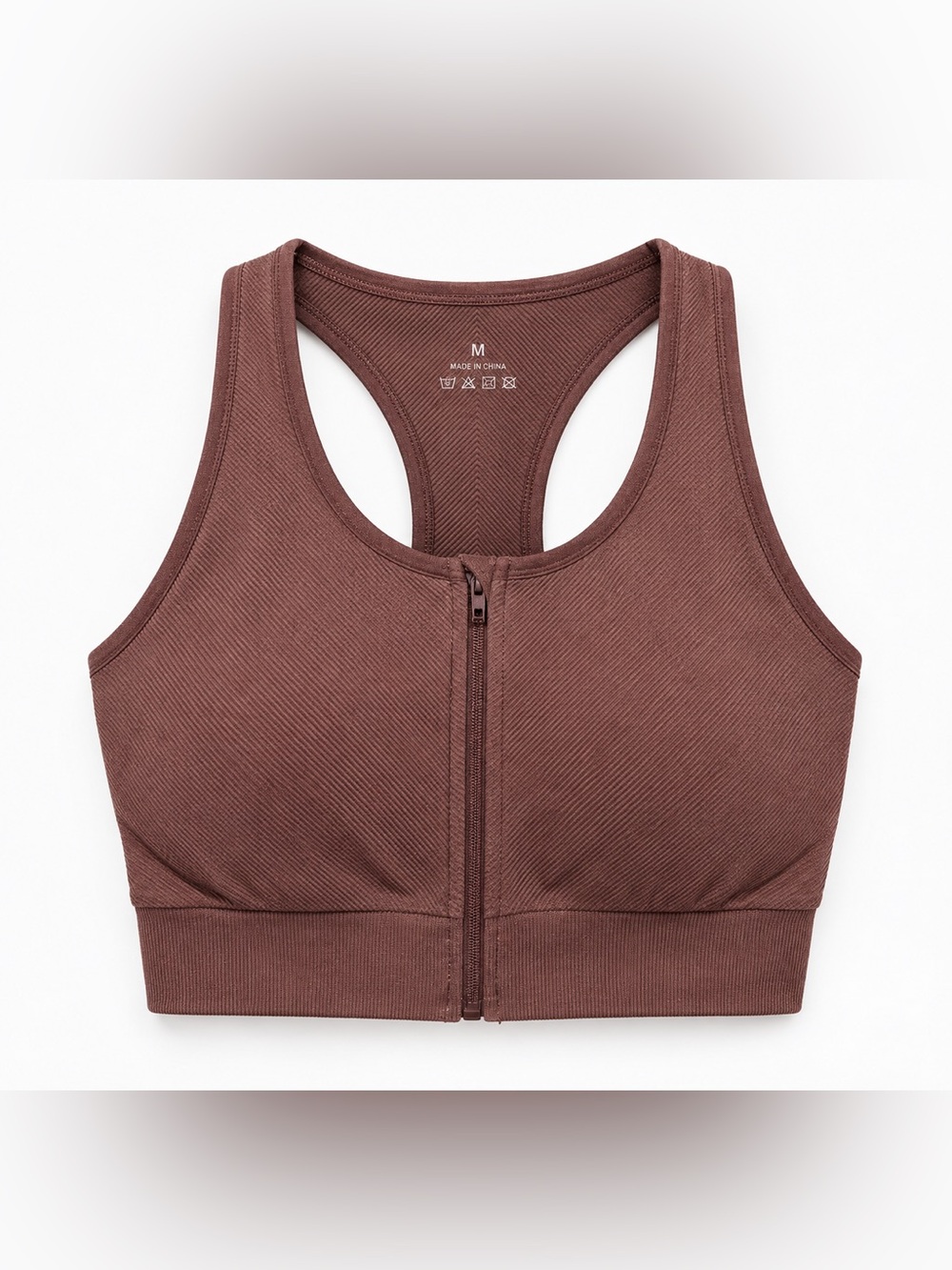 Front-Zip Ribbed Sports Bra - Brown